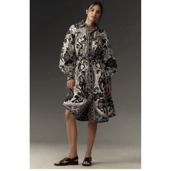 Anthropologie Farm Rio Long Sleeve Collared Midi Shirt Dress Sz XS Black &White - Picture 1 of 10